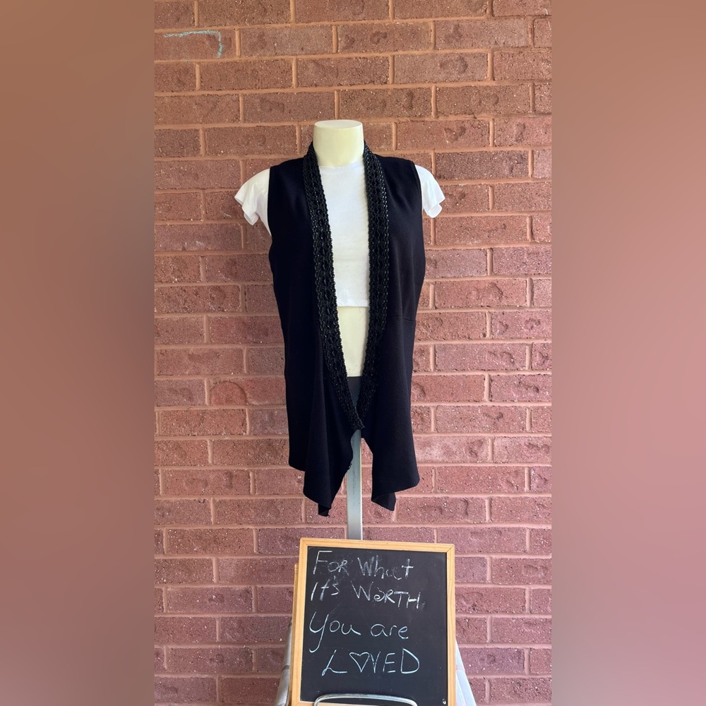 Jana Black Embroidered Vest with Faux Leather Macrame Details, Size L